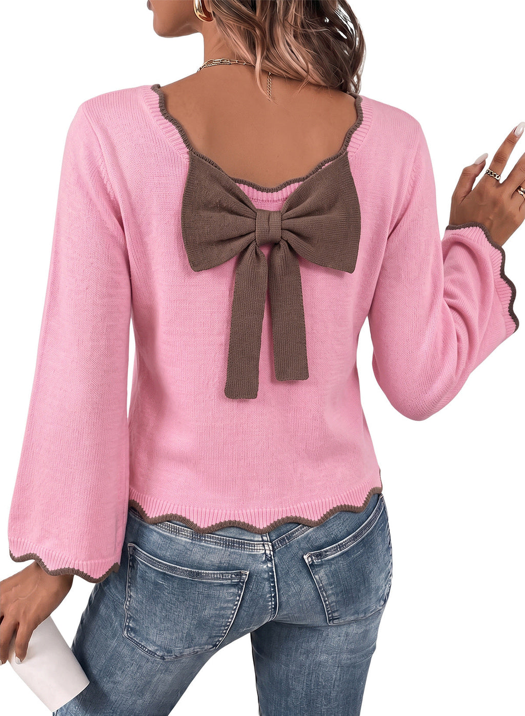 Sweaters for Women Long Sleeve Back Bow Sweaters Fall Pullover Tops