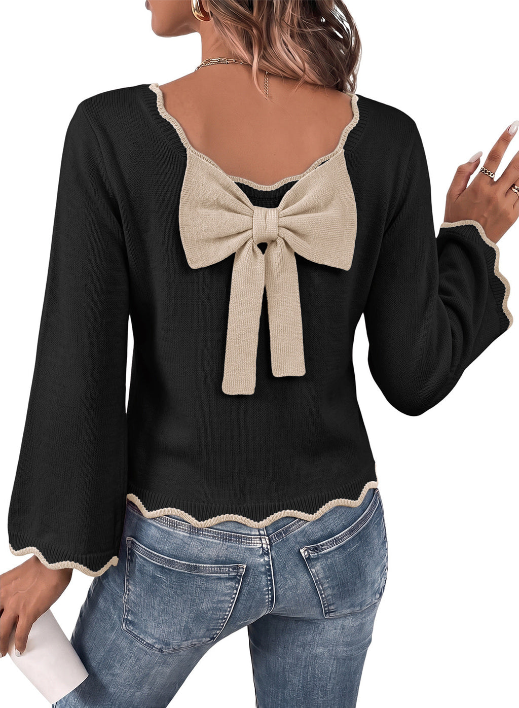 Sweaters for Women Long Sleeve Back Bow Sweaters Fall Pullover Tops