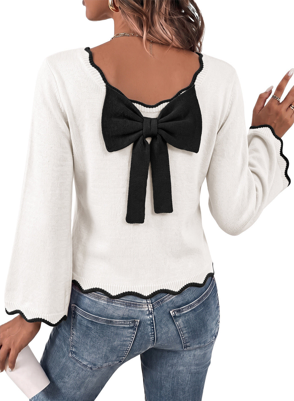 Sweaters for Women Long Sleeve Back Bow Sweaters Fall Pullover Tops