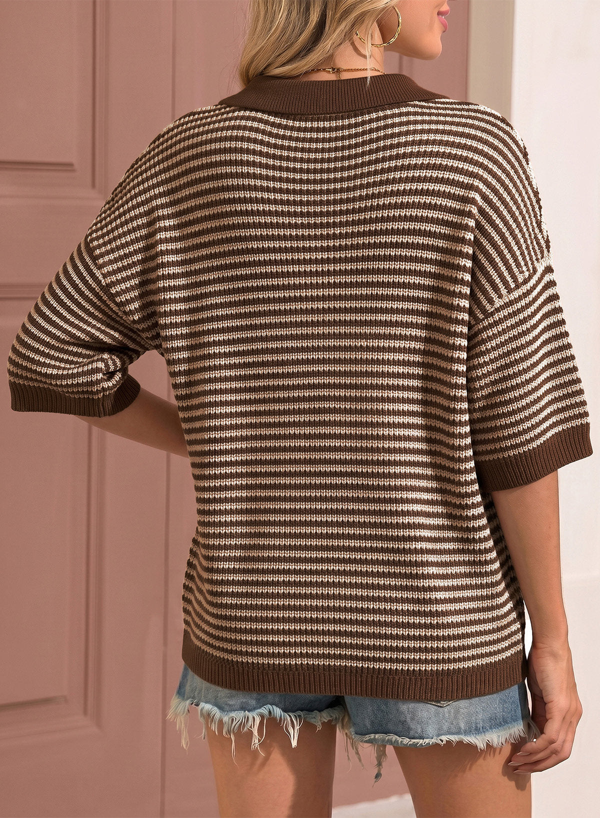 Collared Neck Contrast Striped Top and Shorts Sweater Set
