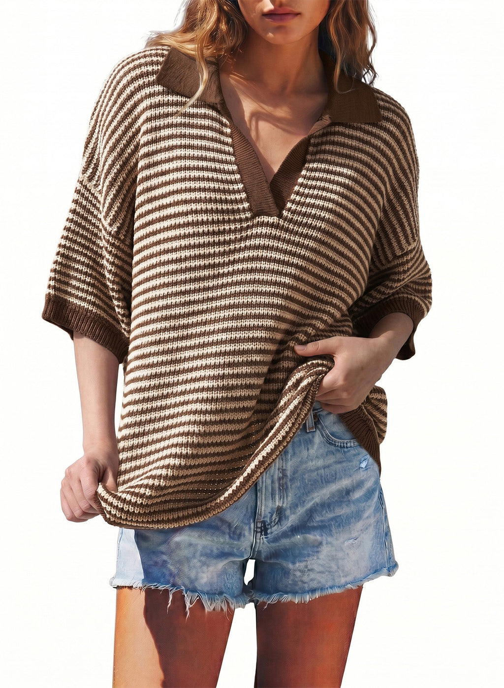 Collared Neck Contrast Striped Top and Shorts Sweater Set