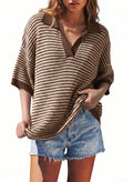 Collared Neck Contrast Striped Top and Shorts Sweater Set