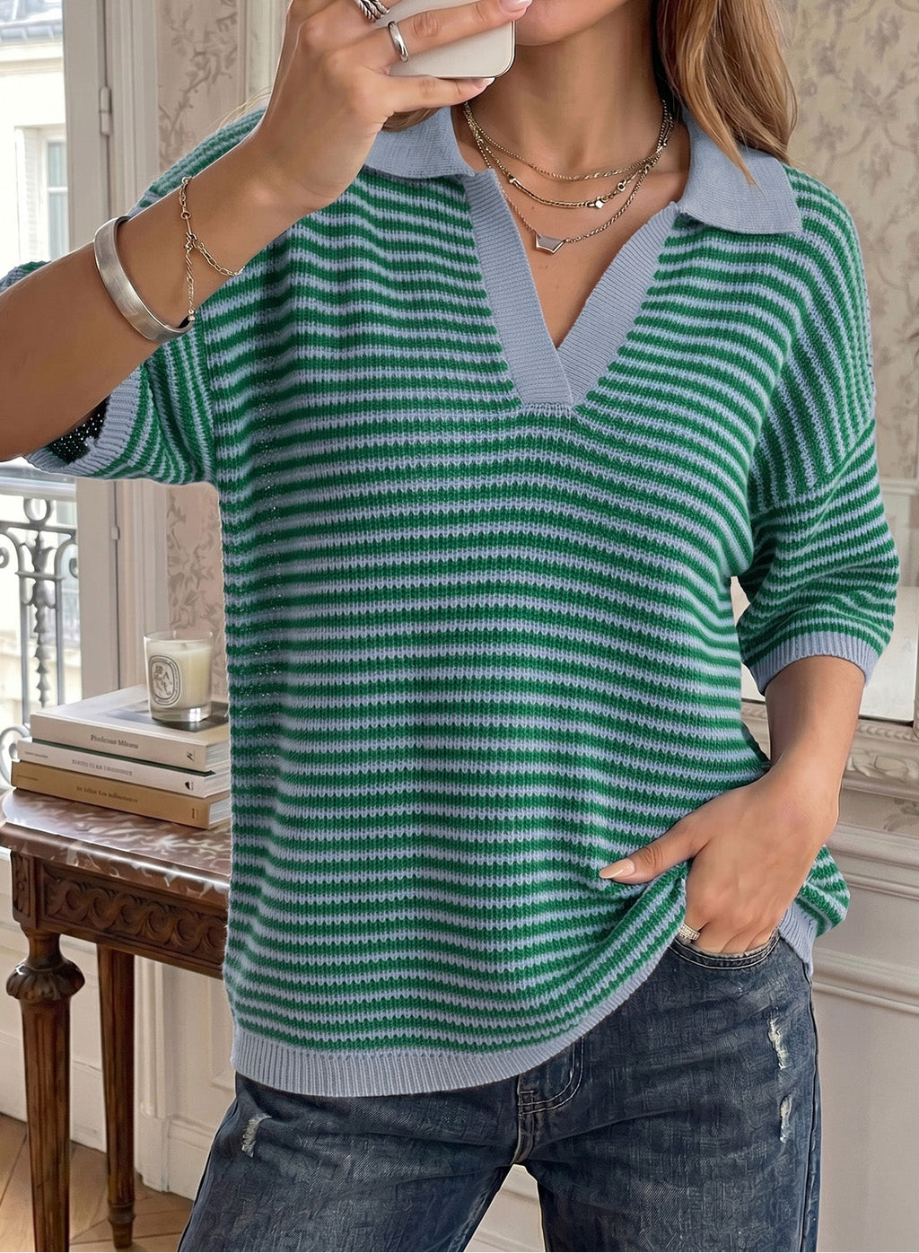Collared Neck Contrast Striped Top and Shorts Sweater Set