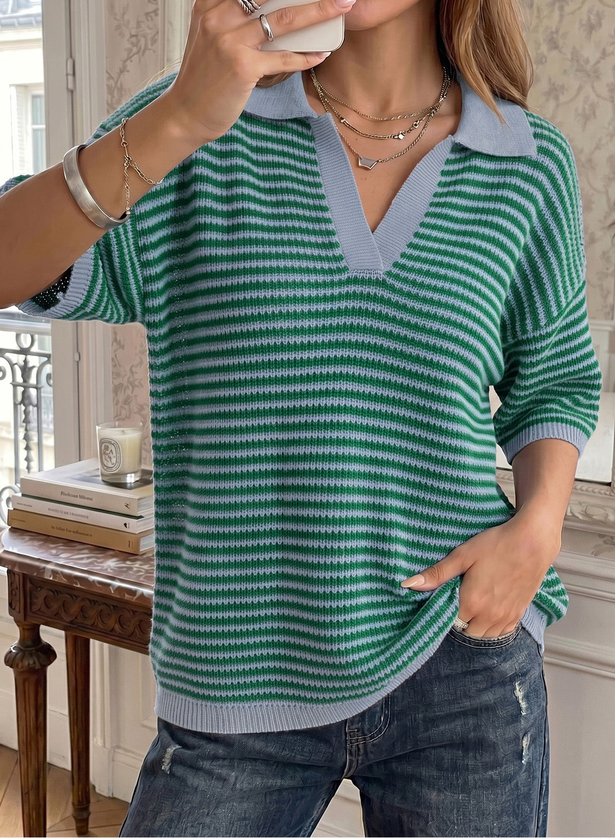Collared Neck Contrast Striped Top and Shorts Sweater Set