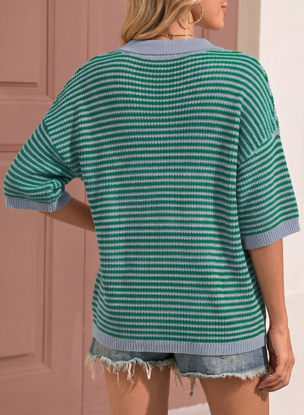 Collared Neck Contrast Striped Top and Shorts Sweater Set