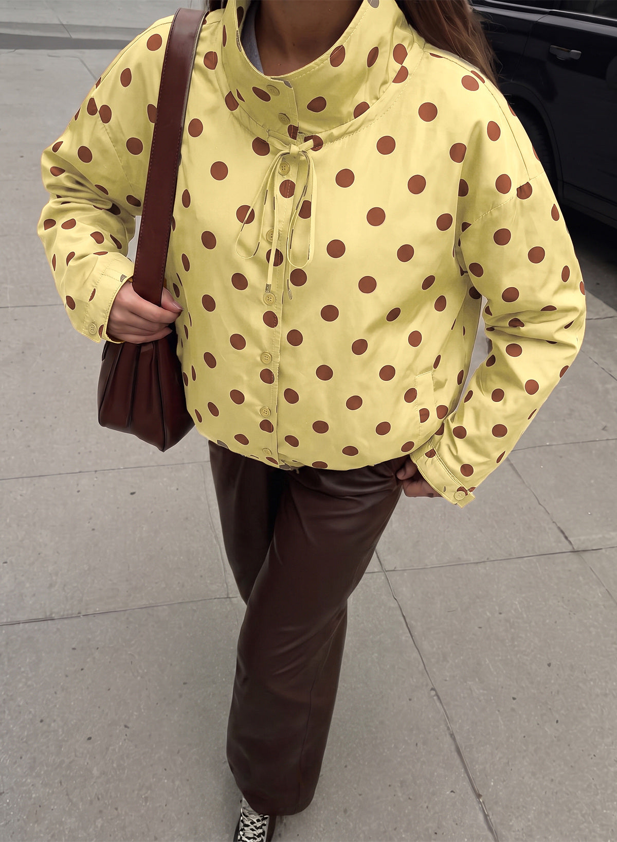 Dokotoo Womens Cropped Jacket Drawstring Zip Up Polka Dot Oversized Coats