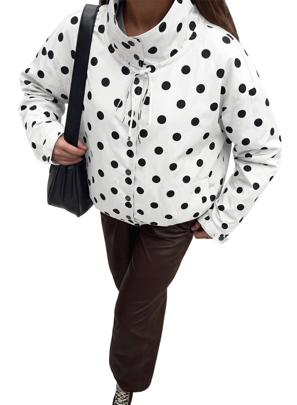 Dokotoo Womens Cropped Jacket Drawstring Zip Up Polka Dot Oversized Coats