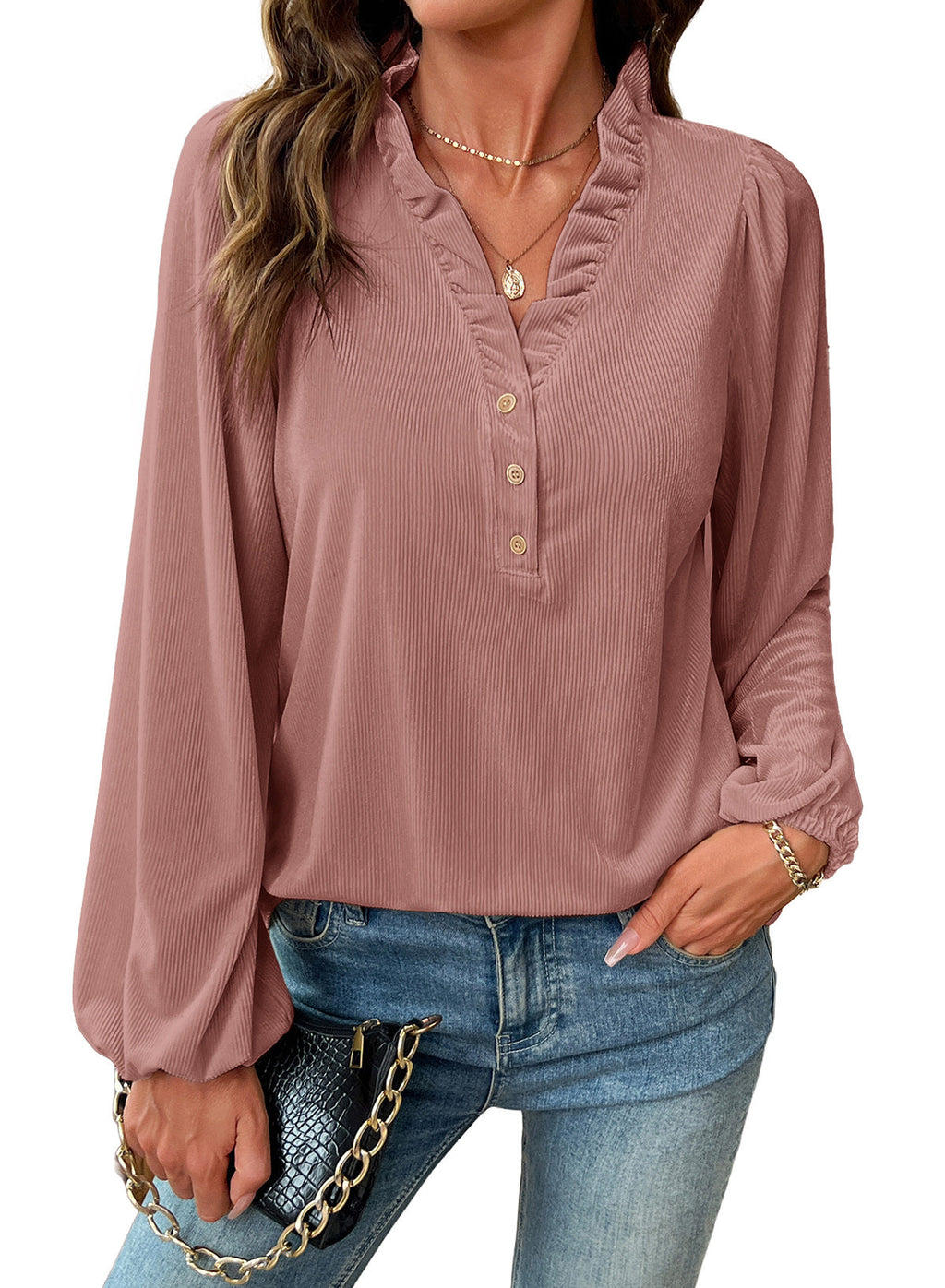 Dokotoo Womens Tops Ruffle V Neck Button Long Sleeve Shirts for Women
