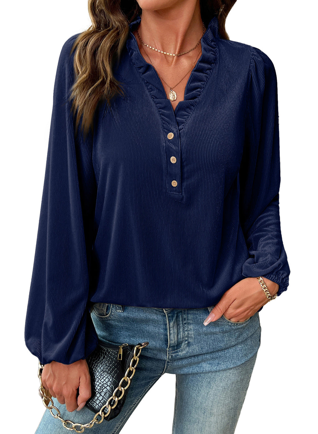Dokotoo Womens Tops Ruffle V Neck Button Long Sleeve Shirts for Women