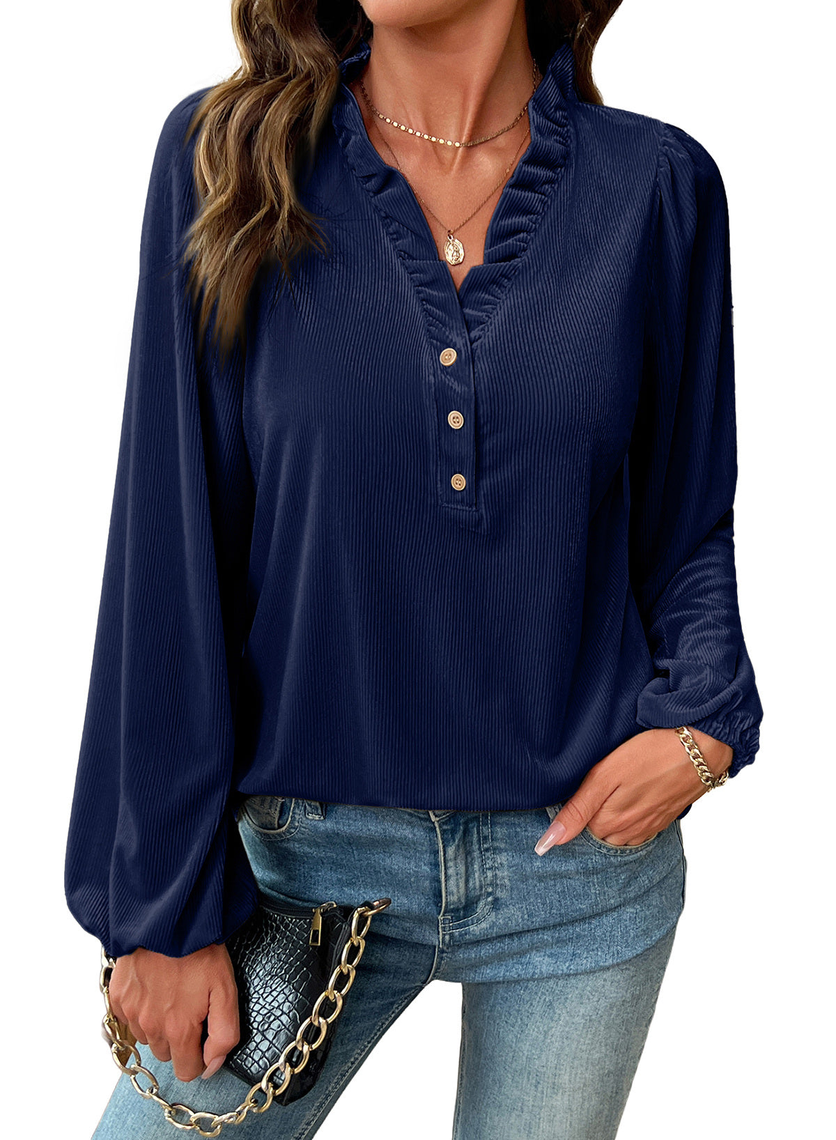 Dokotoo Womens Tops Ruffle V Neck Button Long Sleeve Shirts for Women