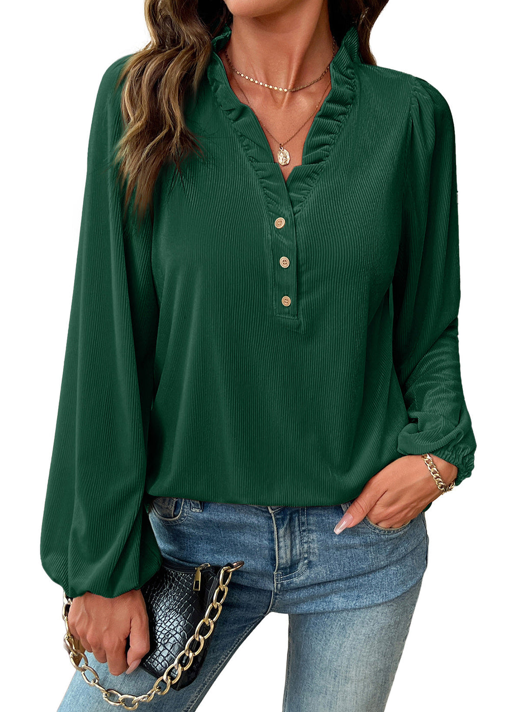 Dokotoo Womens Tops Ruffle V Neck Button Long Sleeve Shirts for Women