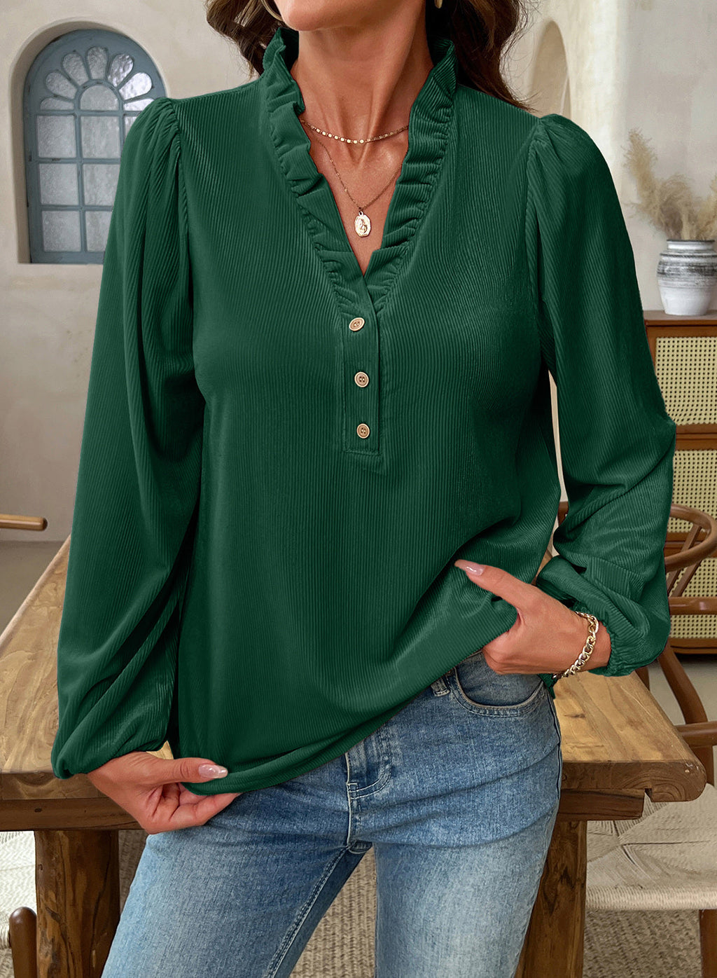 Dokotoo Womens Tops Ruffle V Neck Button Long Sleeve Shirts for Women