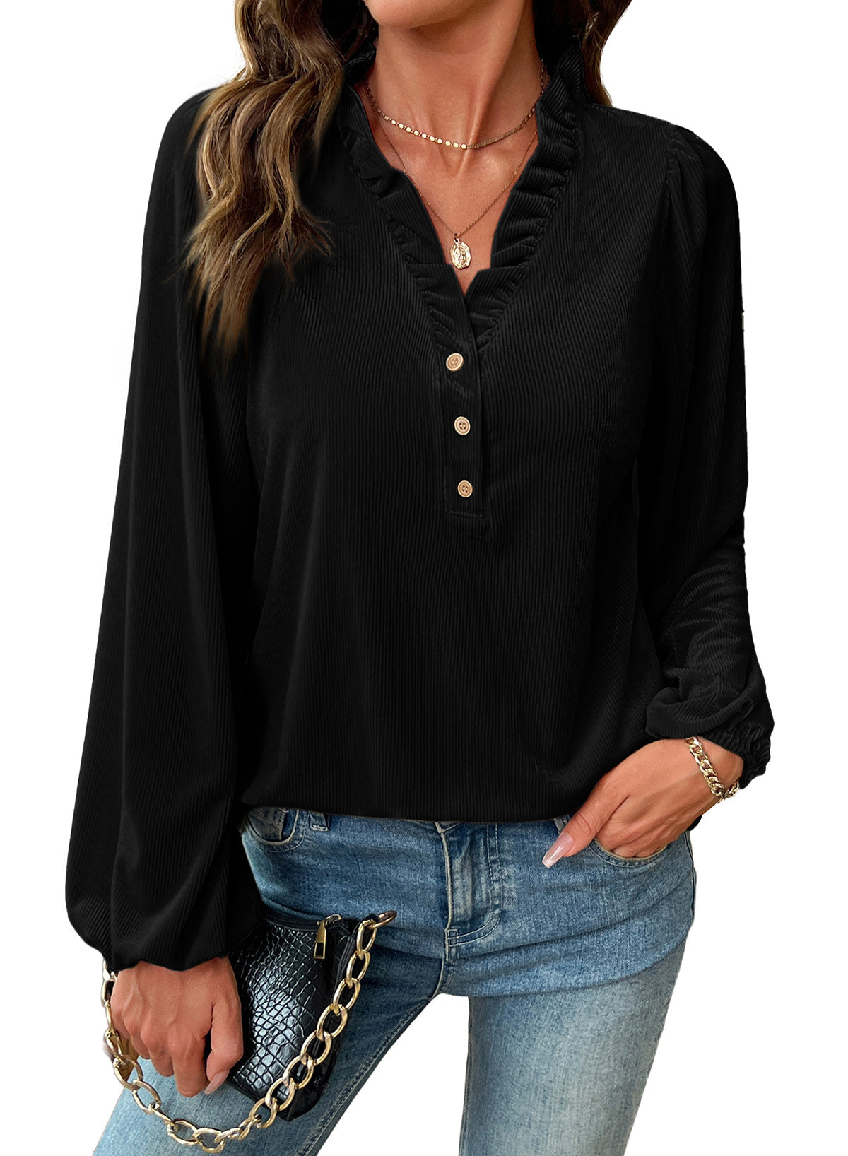 Dokotoo Womens Tops Ruffle V Neck Button Long Sleeve Shirts for Women