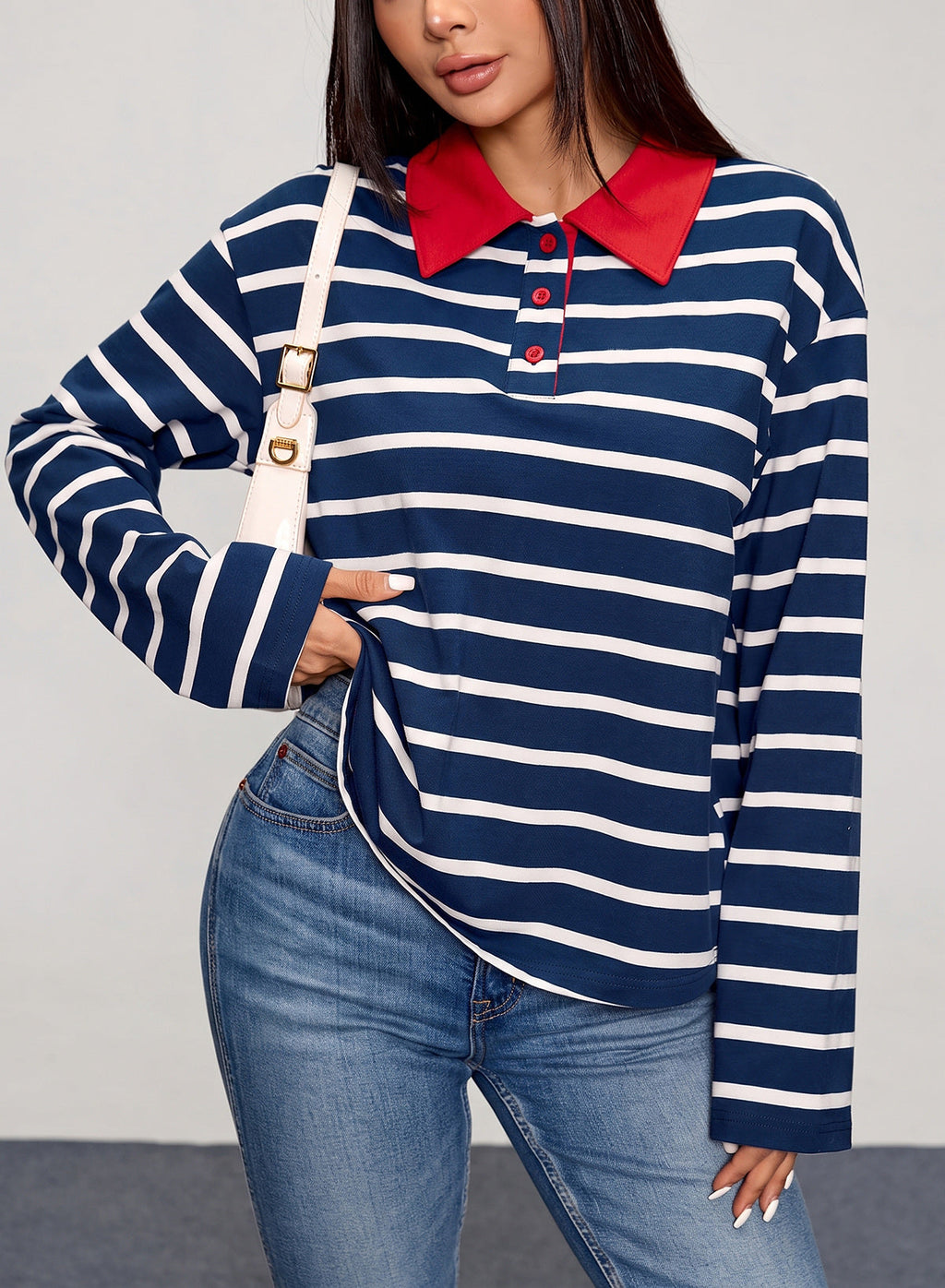 Dokotoo Womens Tops Long Sleeve Striped Color Block Button Down Shirts