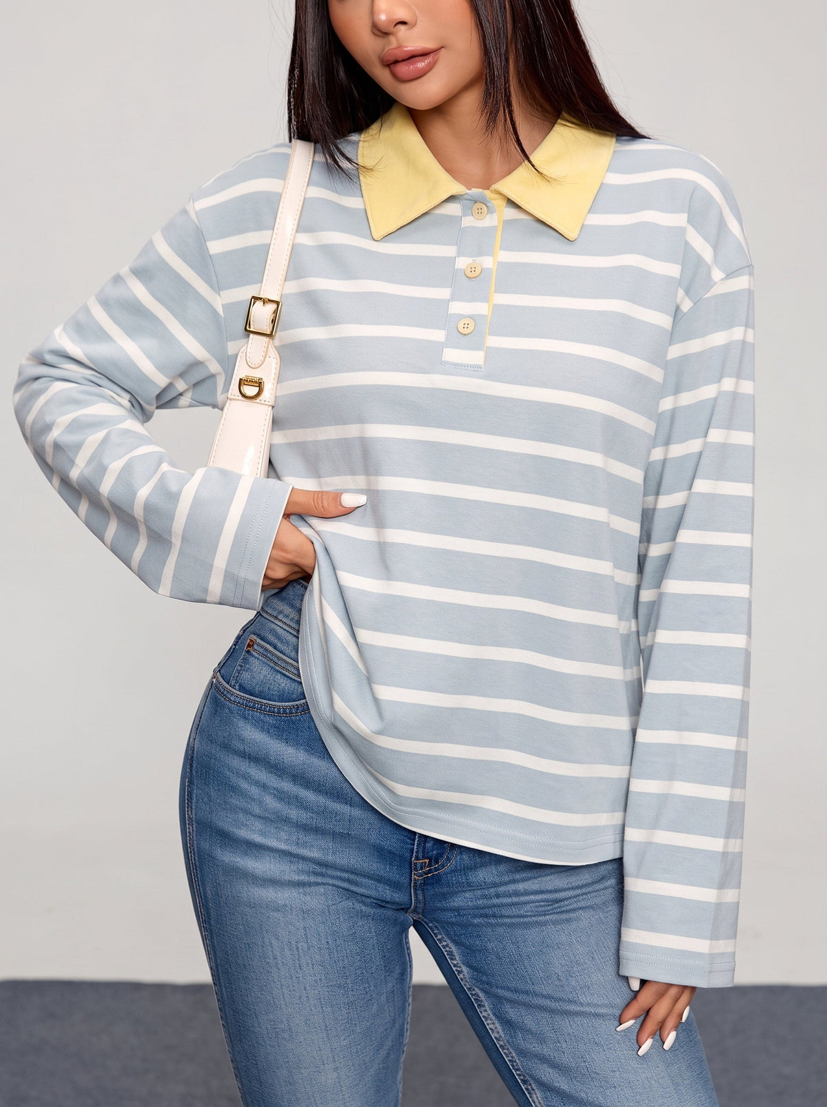 Dokotoo Womens Tops Long Sleeve Striped Color Block Button Down Shirts