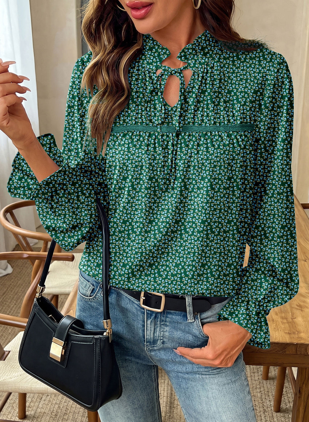 Dokotoo Long Sleeve Shirts for Women Boho Floral Tie V Neck Blouses