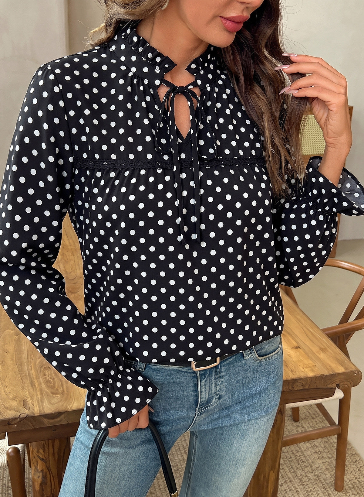 Dokotoo Long Sleeve Shirts for Women Boho Floral Tie V Neck Blouses