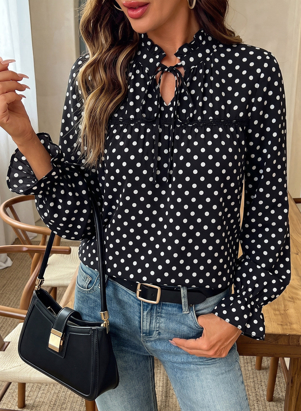 Dokotoo Long Sleeve Shirts for Women Boho Floral Tie V Neck Blouses