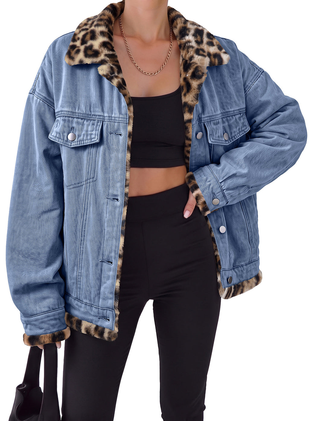 Dokotoo Womens Leopard Sherpa Fleece Thick Warm Oversized Jean Jacket