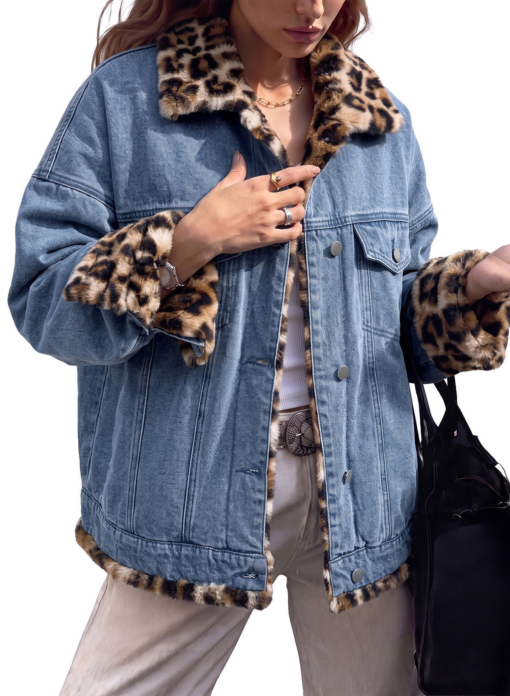 Dokotoo Womens Leopard Sherpa Fleece Thick Warm Oversized Jean Jacket