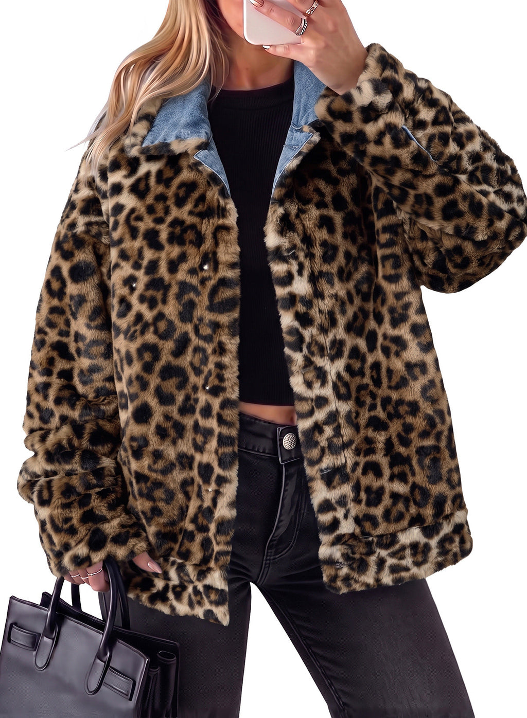 Dokotoo Womens Leopard Sherpa Fleece Thick Warm Oversized Jean Jacket