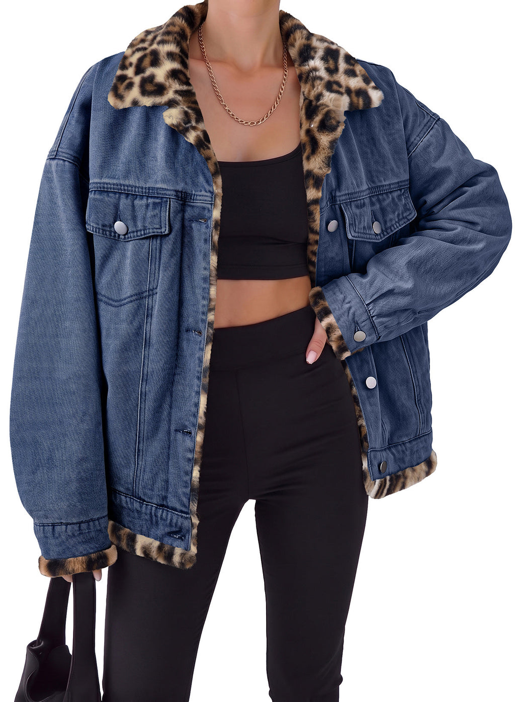 Dokotoo Womens Leopard Sherpa Fleece Thick Warm Oversized Jean Jacket