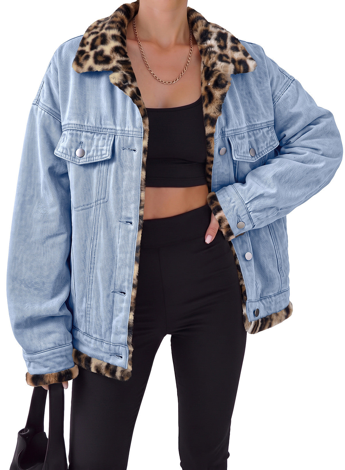 Dokotoo Womens Leopard Sherpa Fleece Thick Warm Oversized Jean Jacket