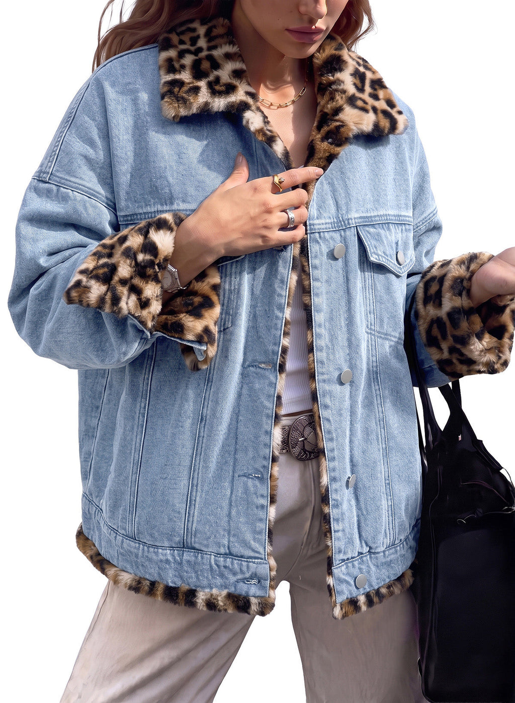Dokotoo Womens Leopard Sherpa Fleece Thick Warm Oversized Jean Jacket