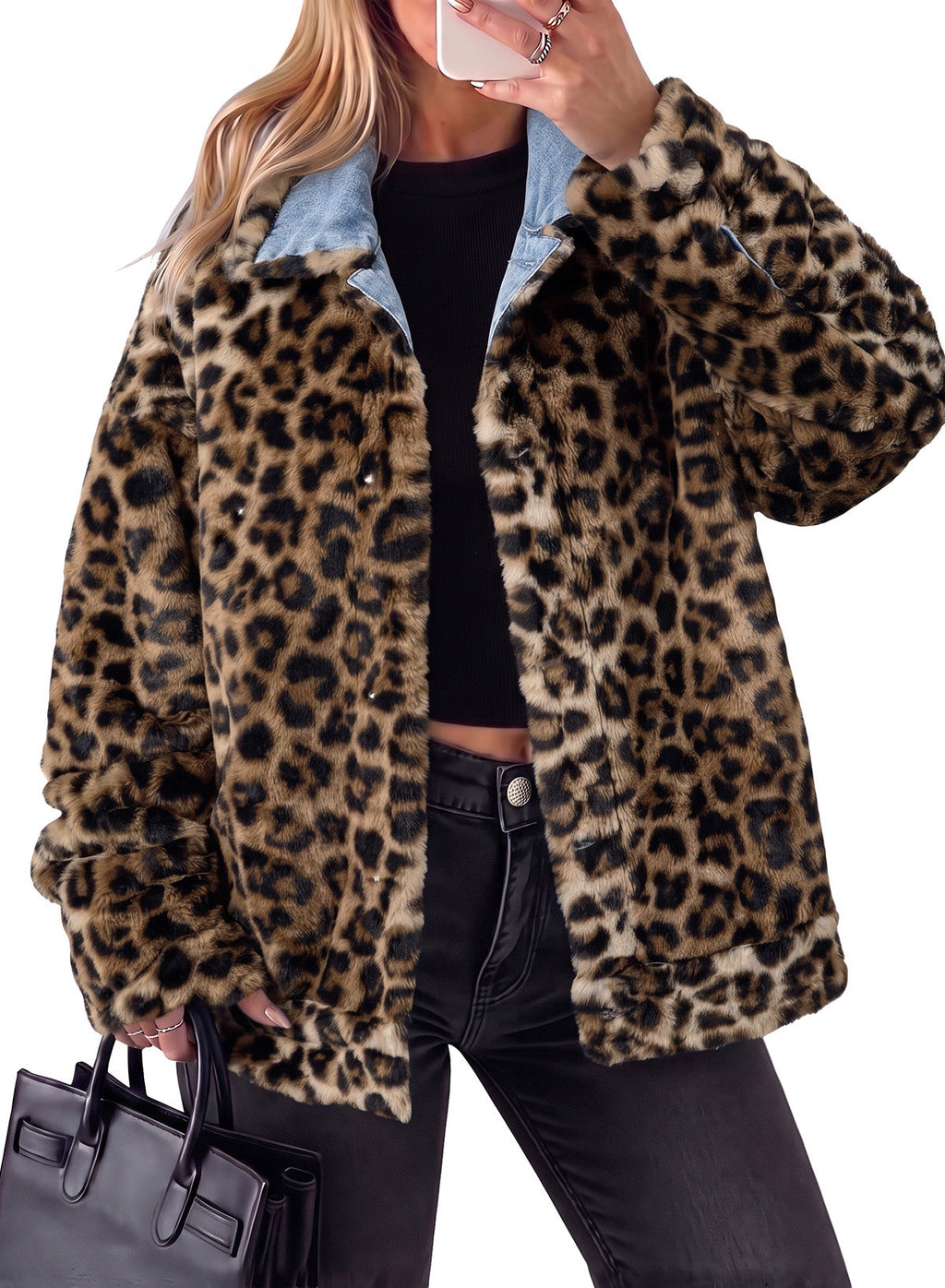 Dokotoo Womens Leopard Sherpa Fleece Thick Warm Oversized Jean Jacket