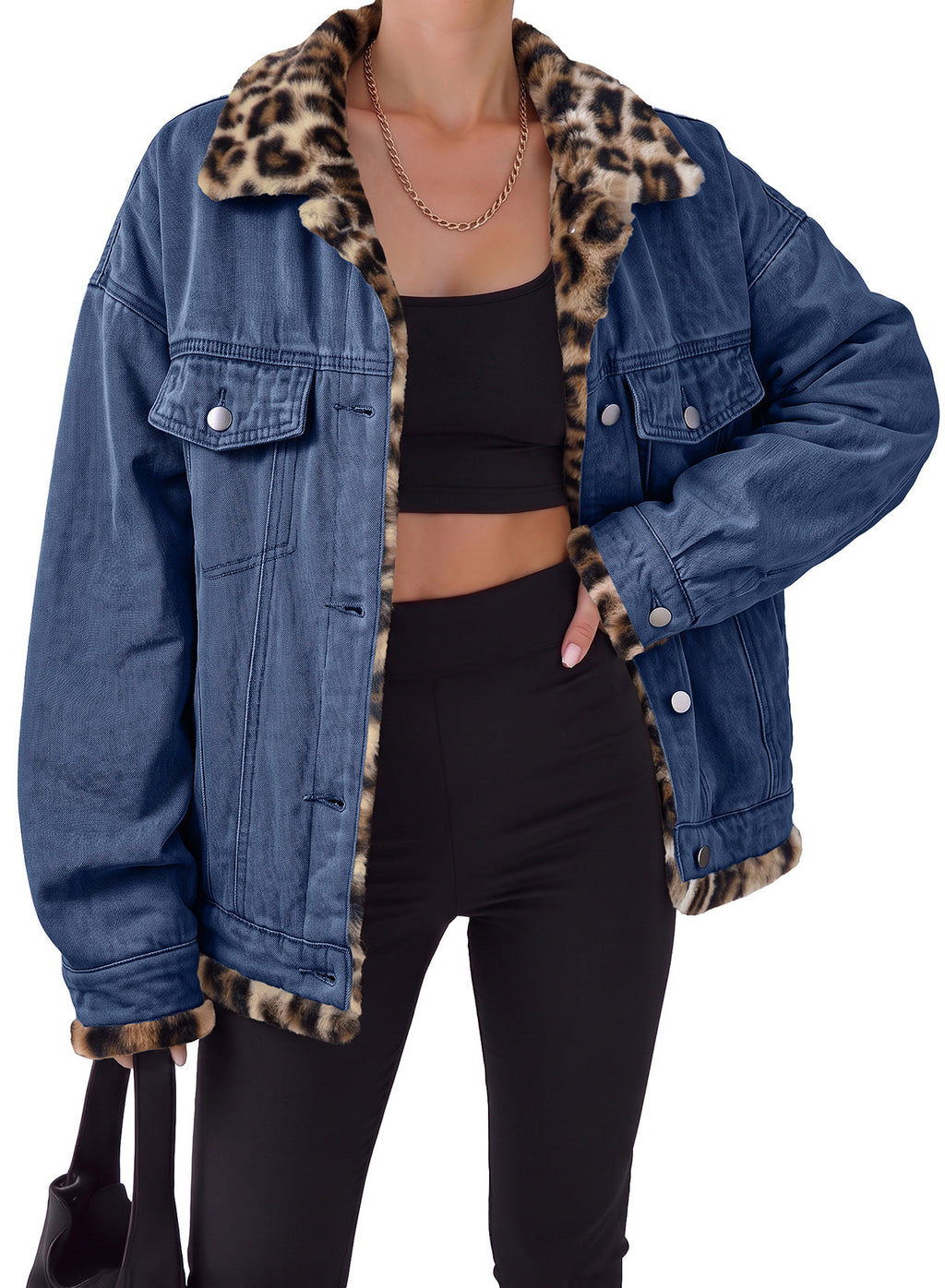Dokotoo Womens Leopard Sherpa Fleece Thick Warm Oversized Jean Jacket
