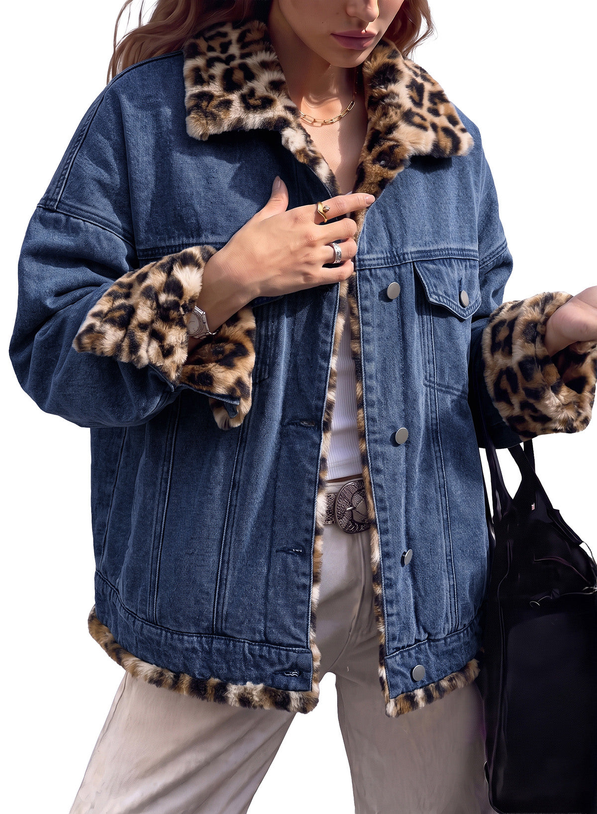 Dokotoo Womens Leopard Sherpa Fleece Thick Warm Oversized Jean Jacket