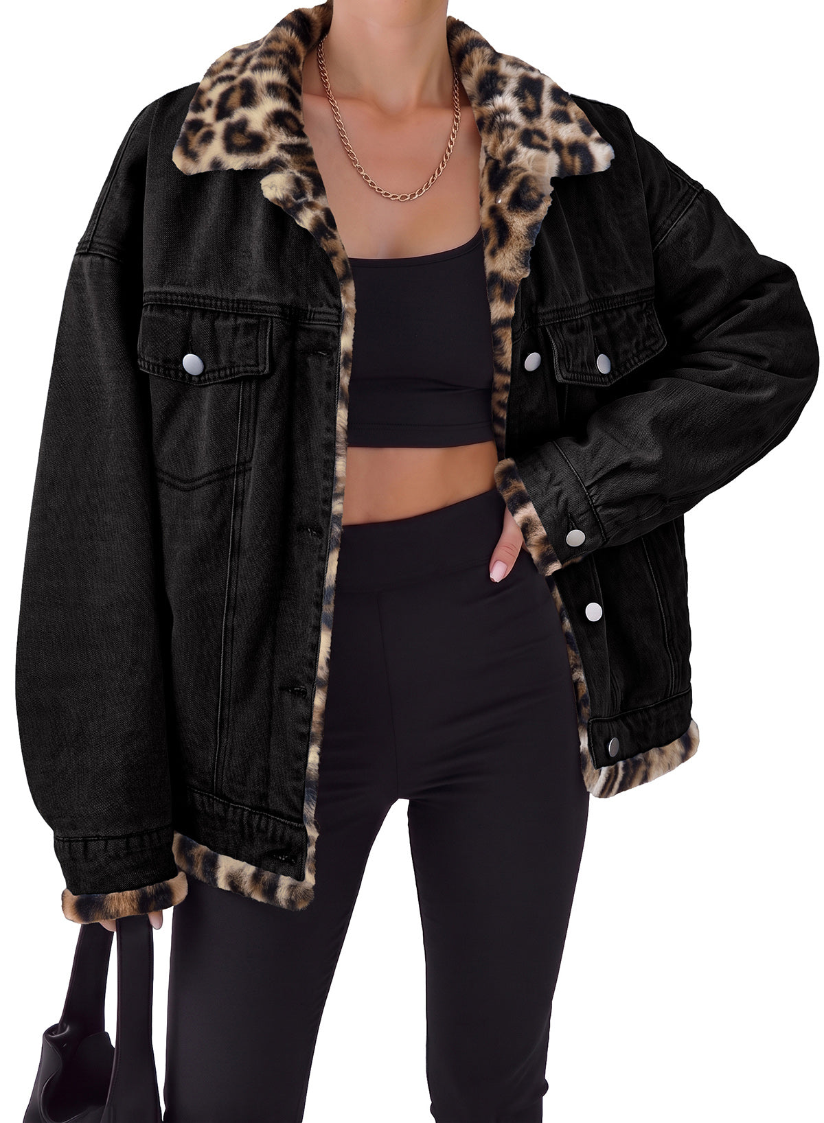 Dokotoo Womens Leopard Sherpa Fleece Thick Warm Oversized Jean Jacket