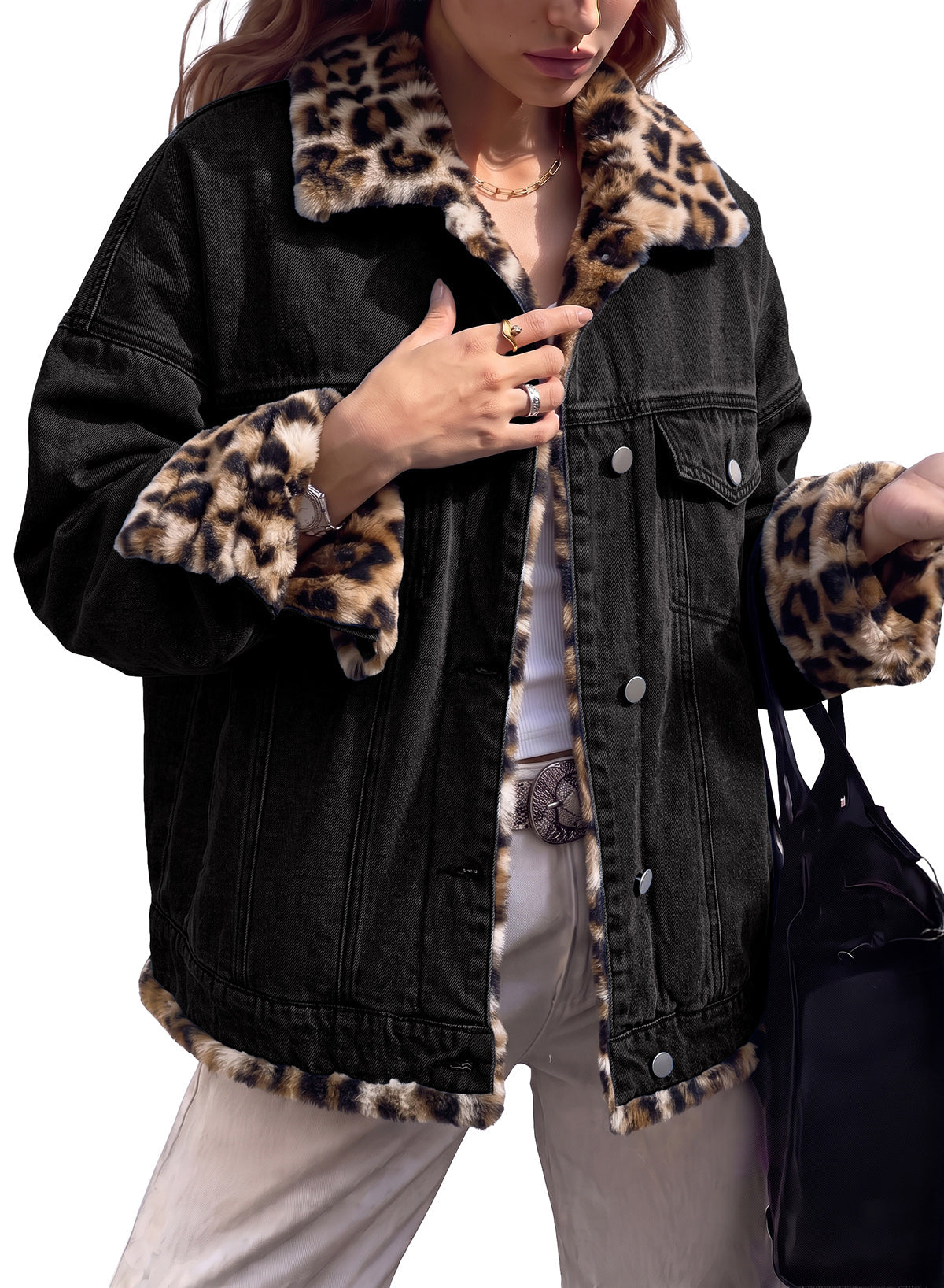 Dokotoo Womens Leopard Sherpa Fleece Thick Warm Oversized Jean Jacket