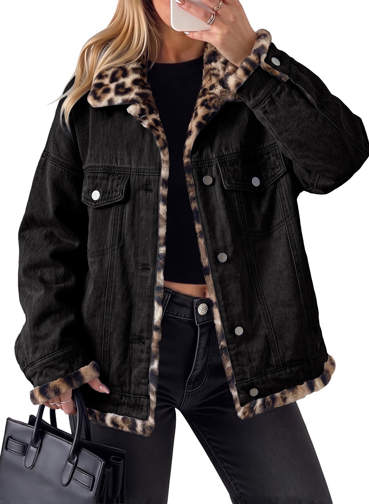 Dokotoo Womens Leopard Sherpa Fleece Thick Warm Oversized Jean Jacket