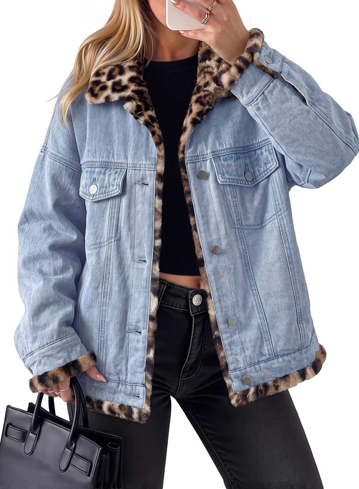 Dokotoo Womens Leopard Sherpa Fleece Thick Warm Oversized Jean Jacket