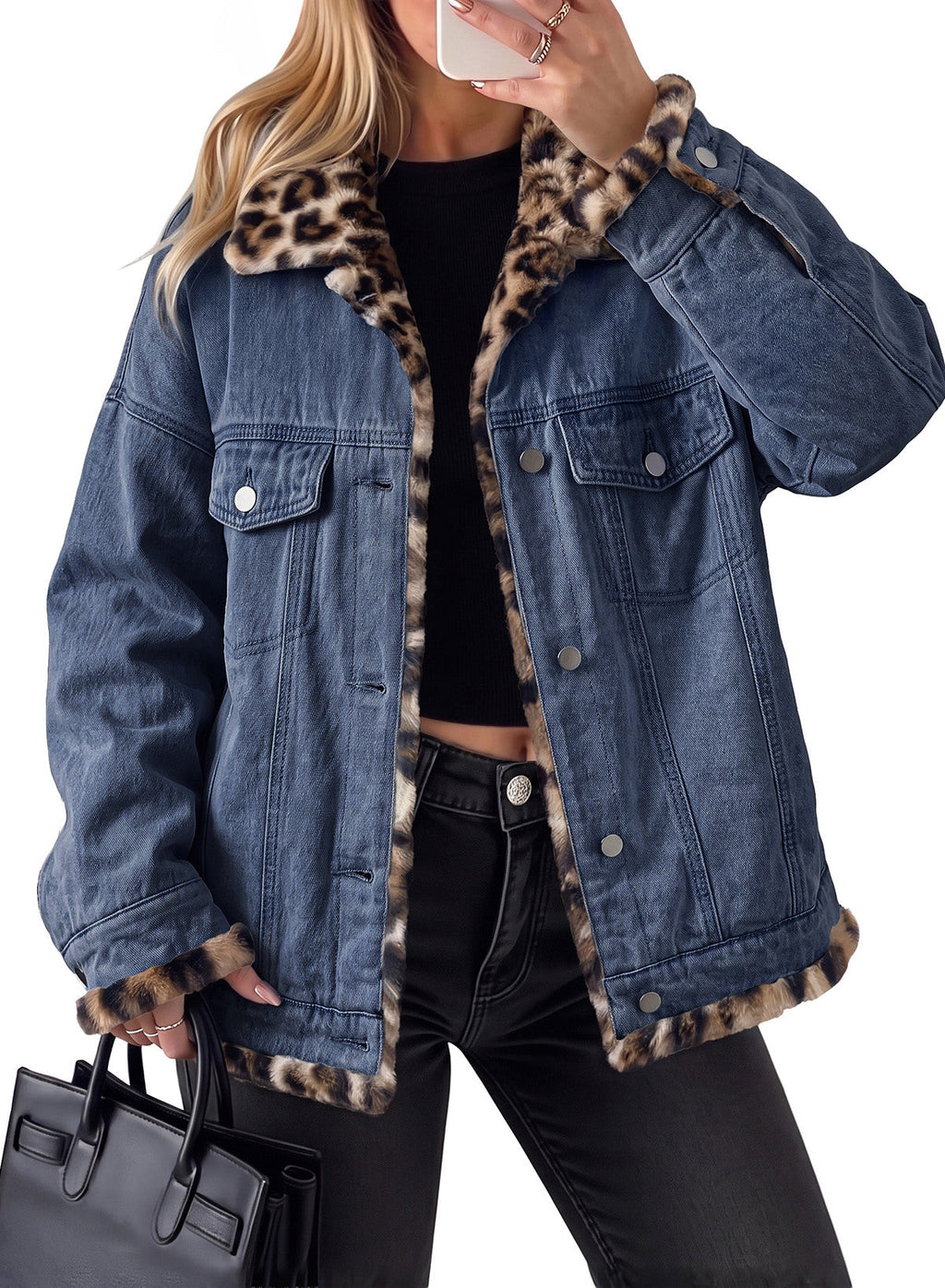 Dokotoo Womens Leopard Sherpa Fleece Thick Warm Oversized Jean Jacket