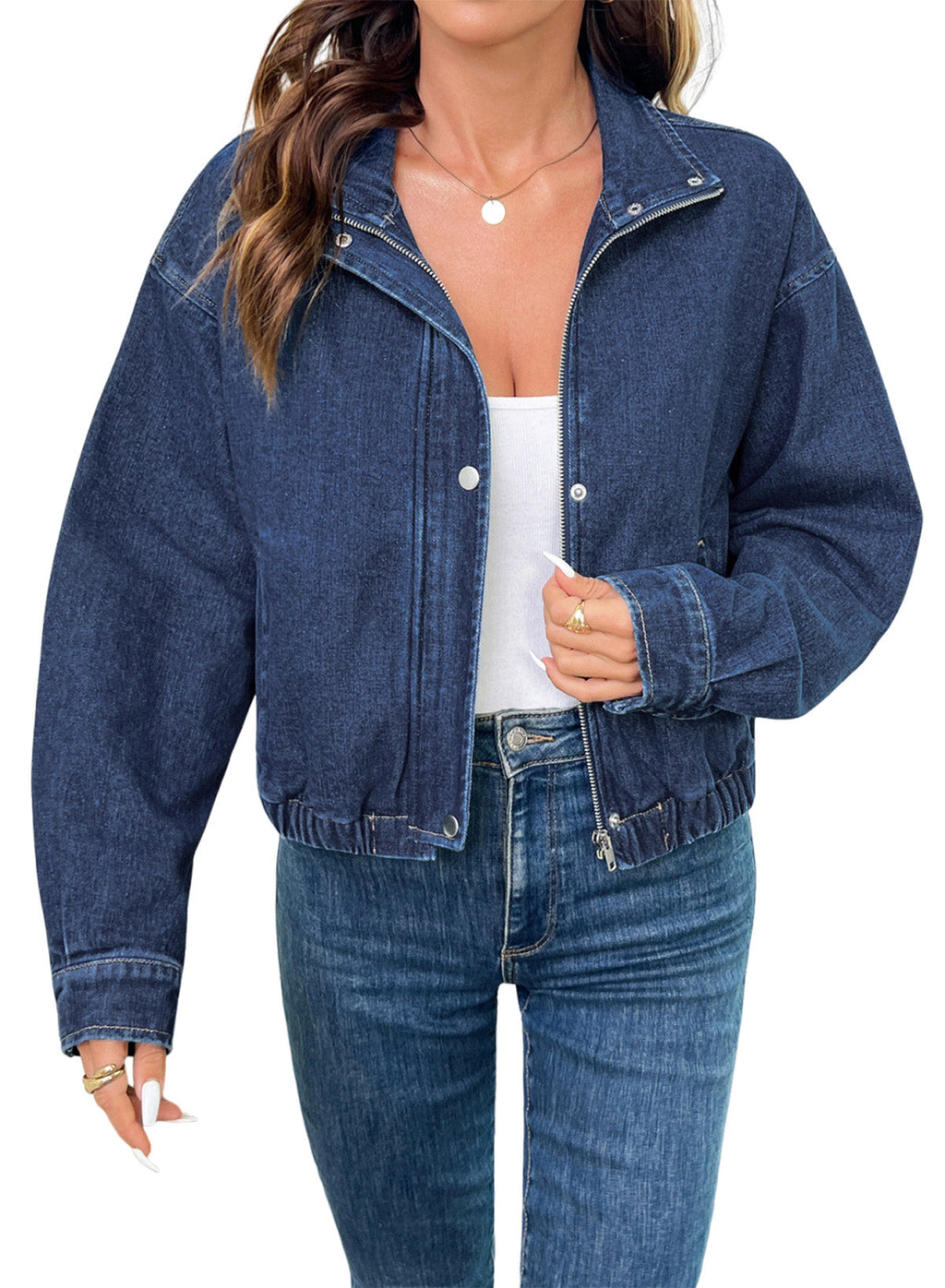Dokotoo Womens Cropped Jean Jacket Zip Up Oversized Denim Jacket