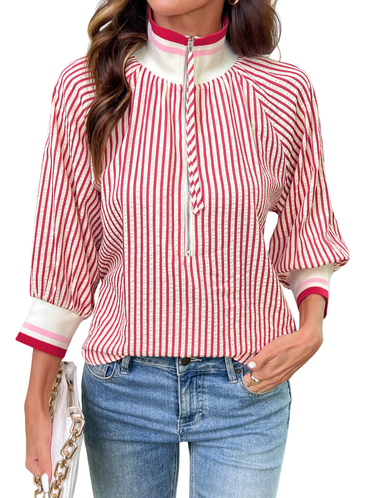 Dokotoo Women's 3/4 Sleeve Tops Striped Half Zip 2026 Fall Shirts Blouses