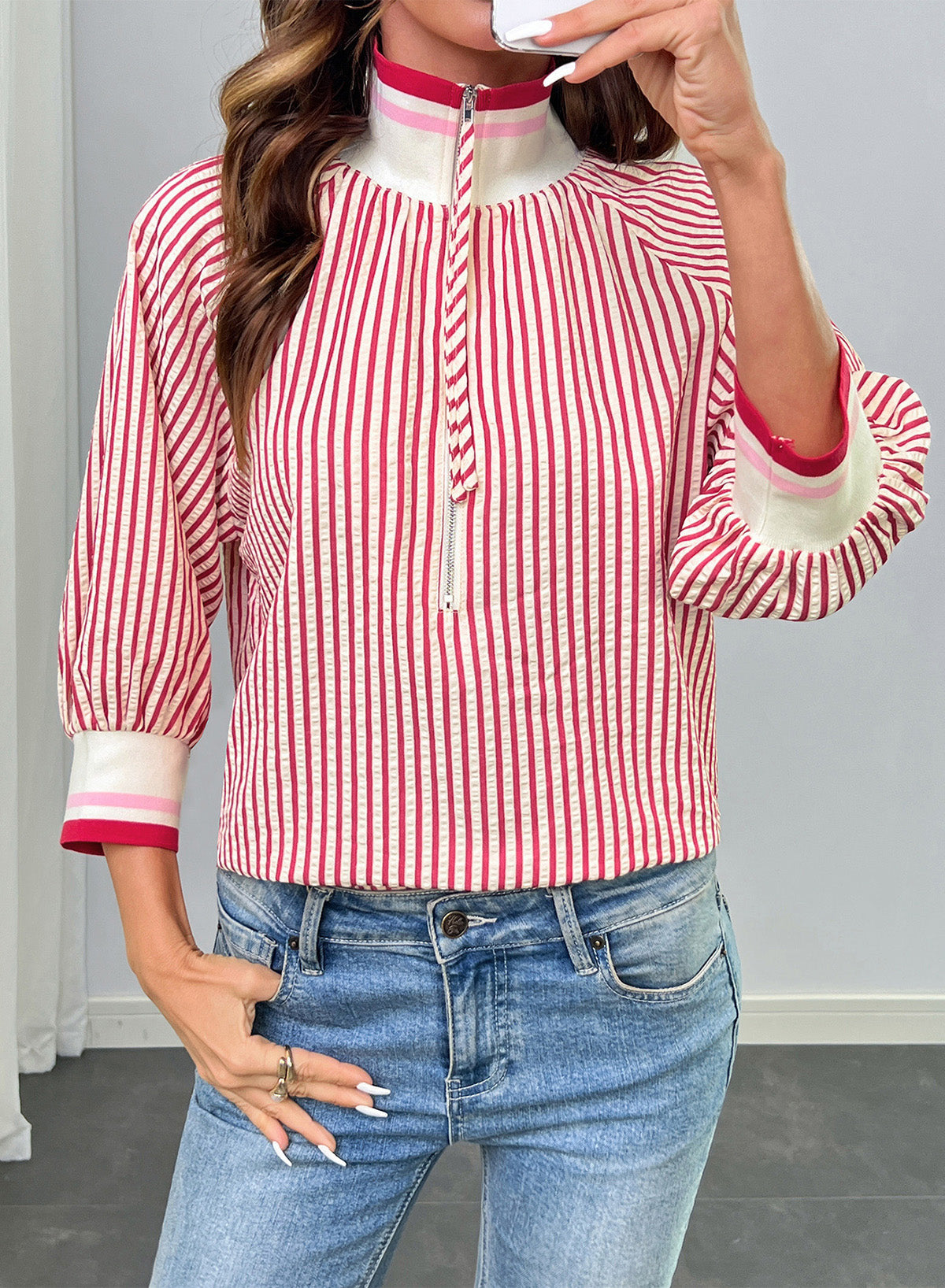 Dokotoo Women's 3/4 Sleeve Tops Striped Half Zip 2026 Fall Shirts Blouses