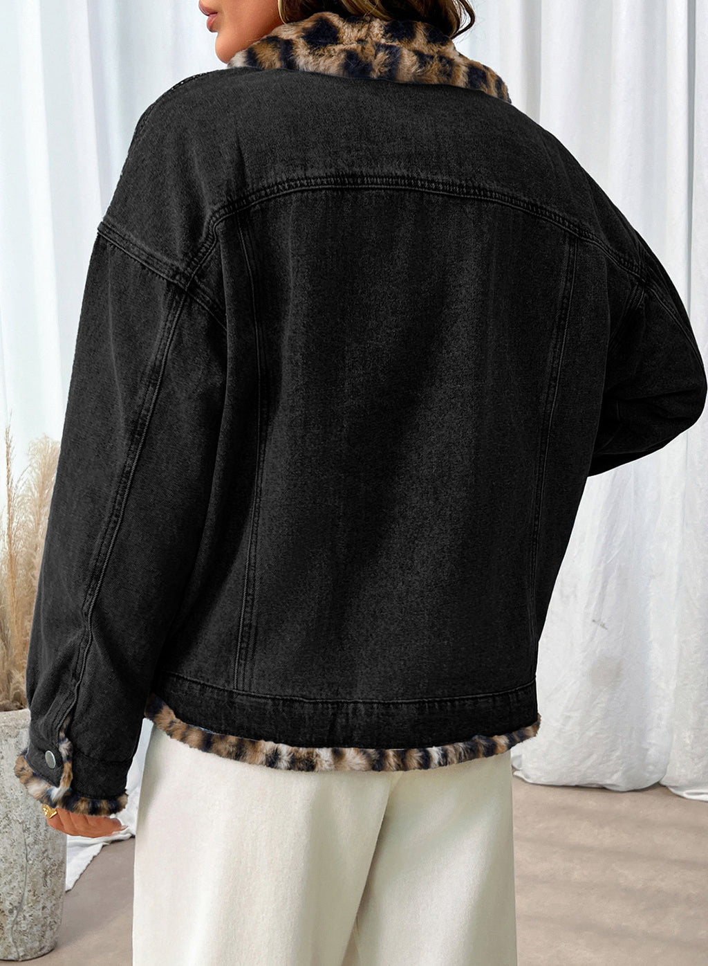 Dokotoo Womens Leopard Sherpa Fleece Thick Warm Oversized Jean Jacket