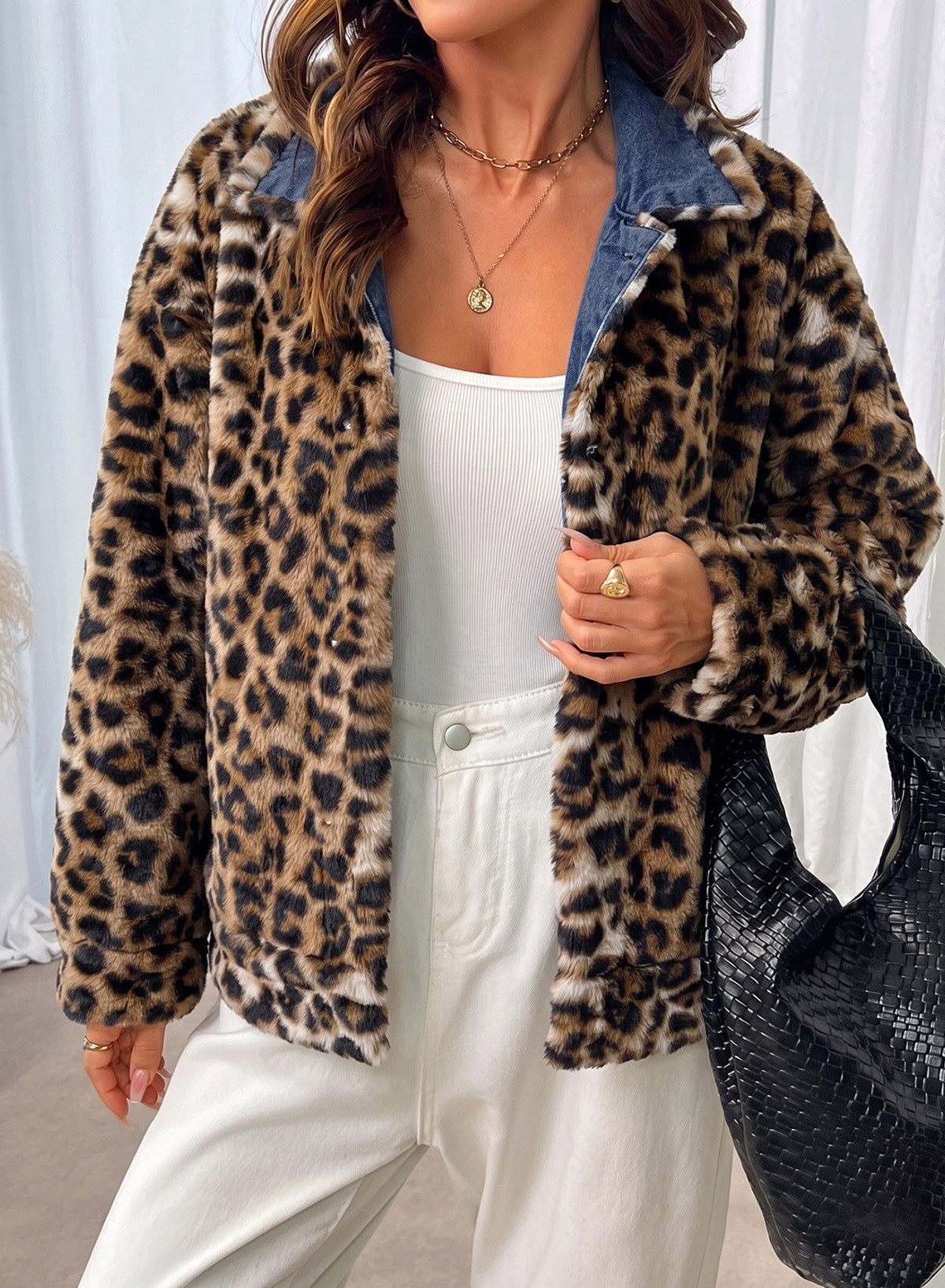 Dokotoo Womens Leopard Sherpa Fleece Thick Warm Oversized Jean Jacket