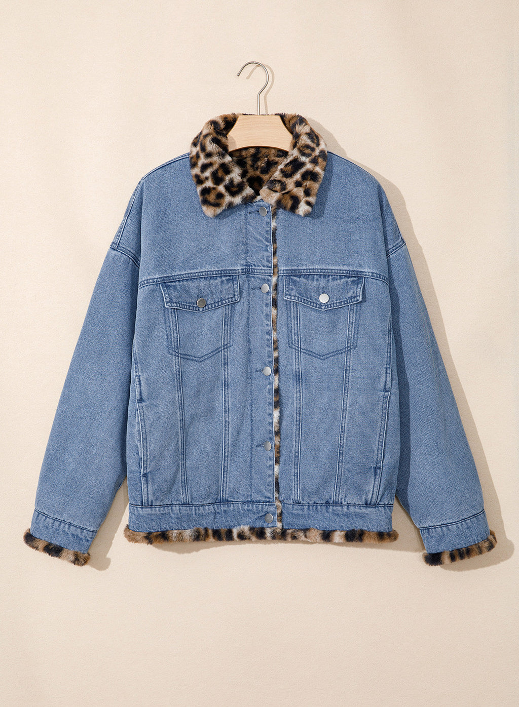 Dokotoo Womens Leopard Sherpa Fleece Thick Warm Oversized Jean Jacket