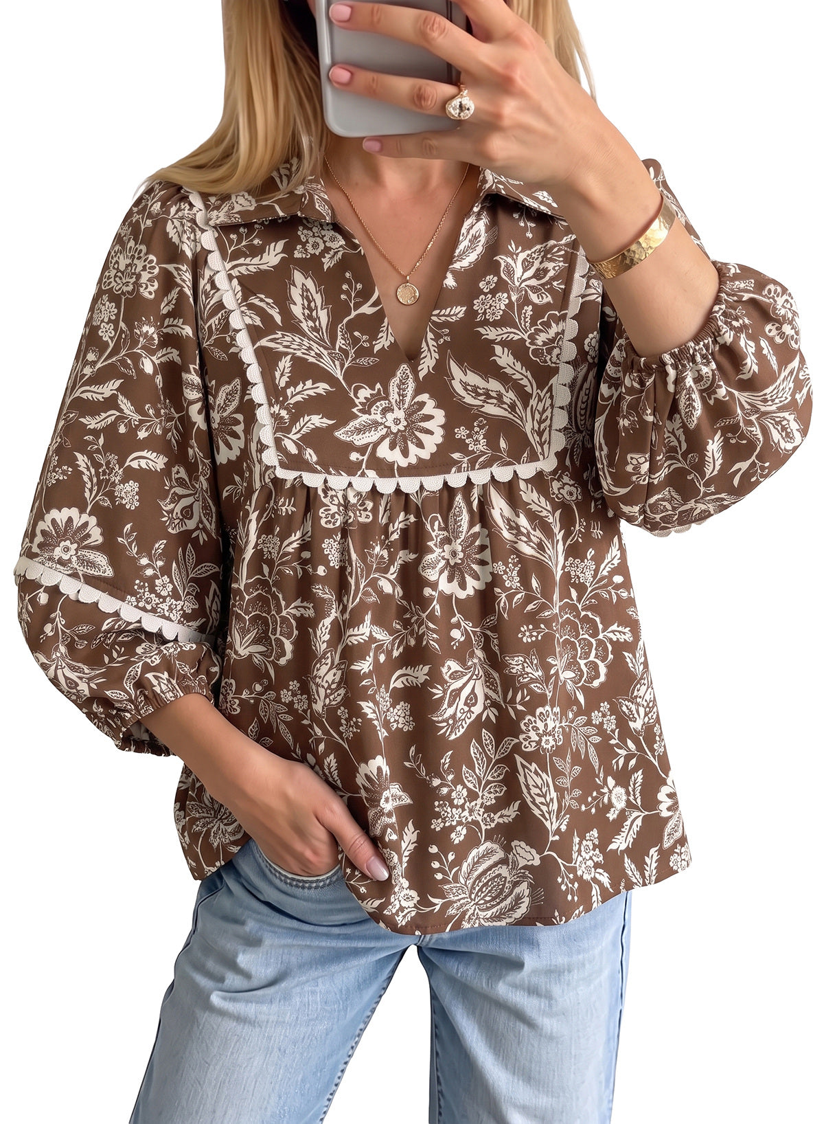 Dokotoo Womens Babydoll Tops 3/4 Sleeve Dressy Casual Blouse Collar Shirts