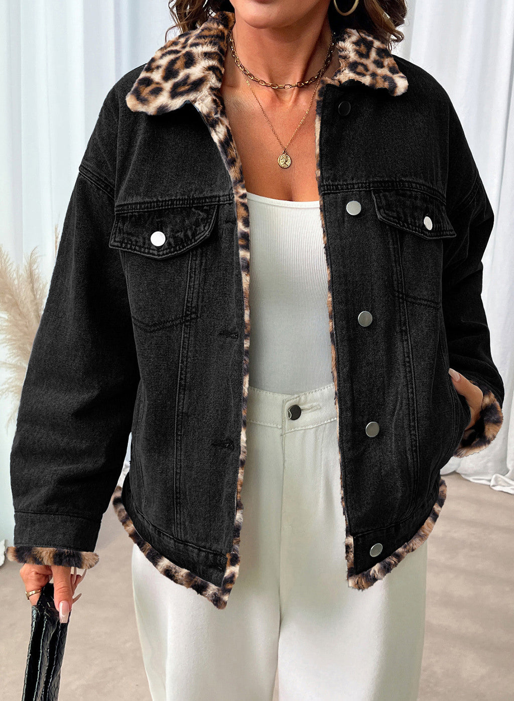 Dokotoo Womens Leopard Sherpa Fleece Thick Warm Oversized Jean Jacket