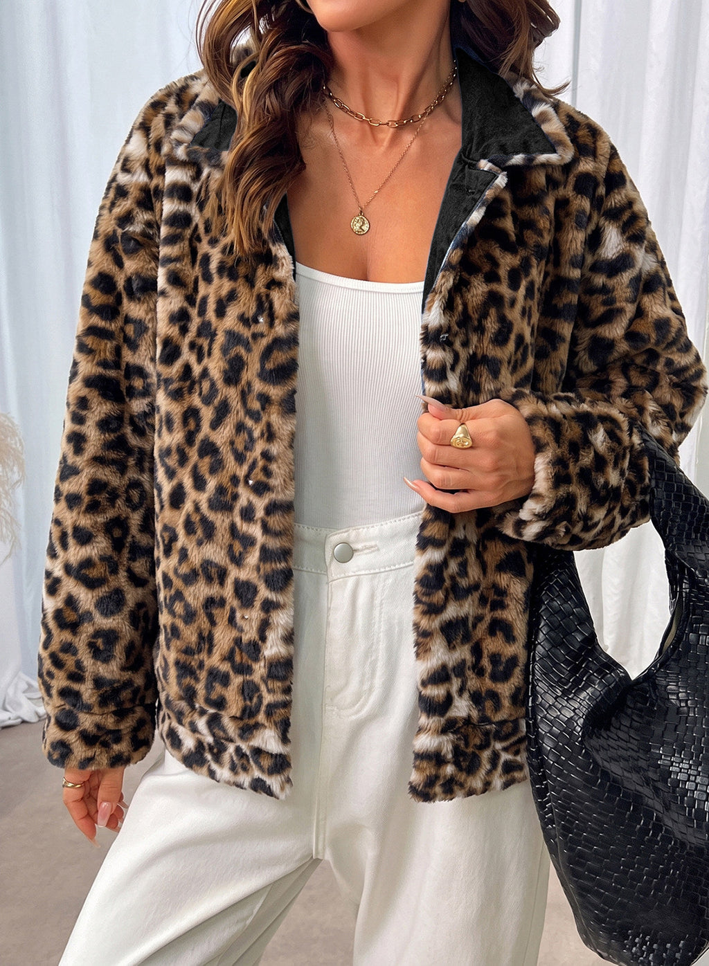 Dokotoo Womens Leopard Sherpa Fleece Thick Warm Oversized Jean Jacket