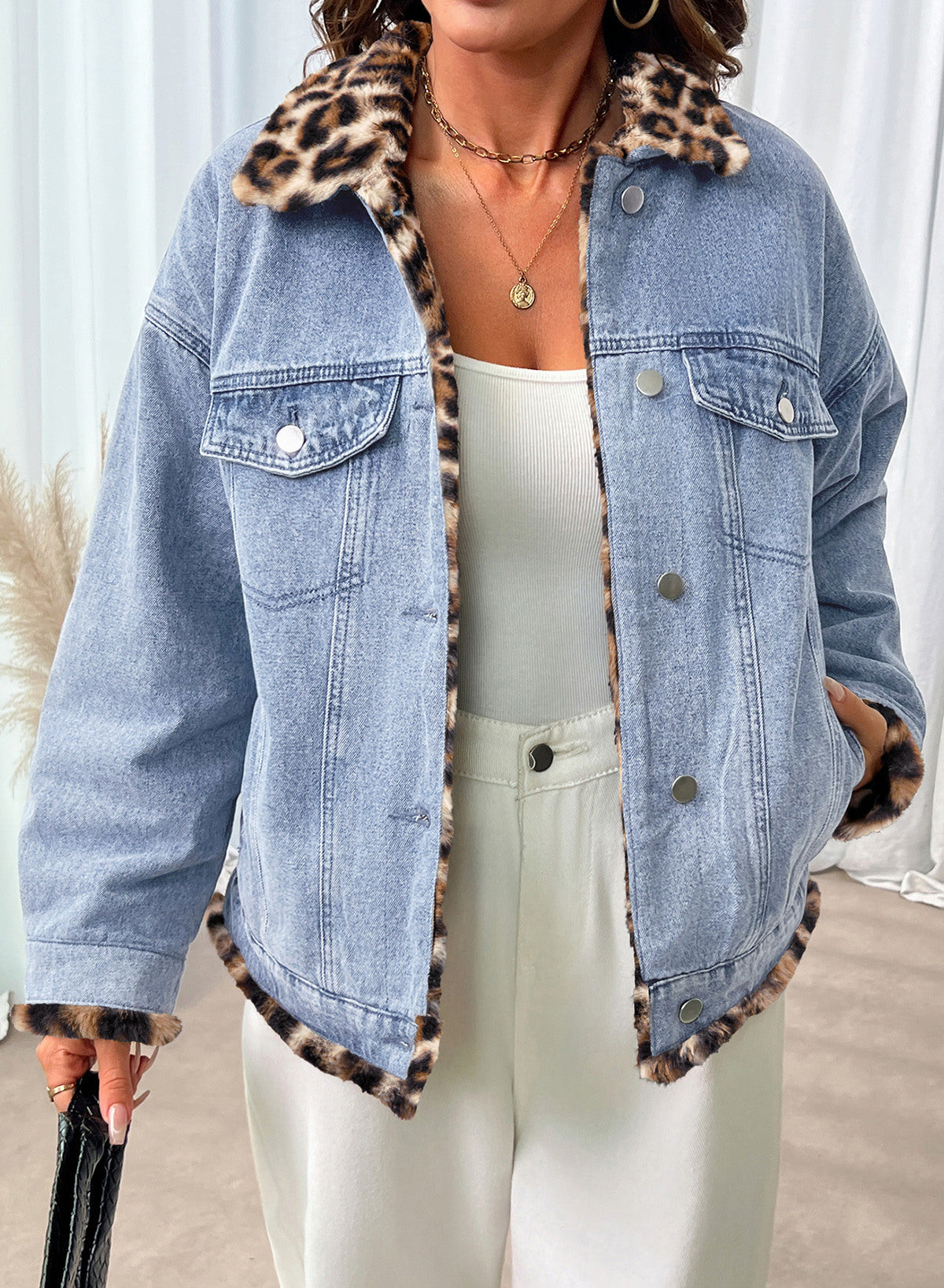 Dokotoo Womens Leopard Sherpa Fleece Thick Warm Oversized Jean Jacket