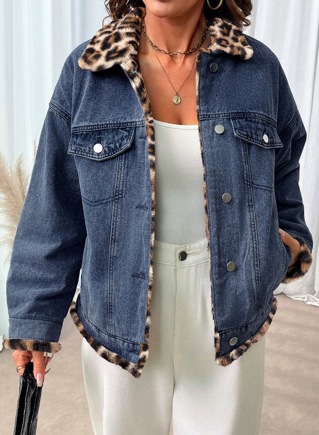 Dokotoo Womens Leopard Sherpa Fleece Thick Warm Oversized Jean Jacket