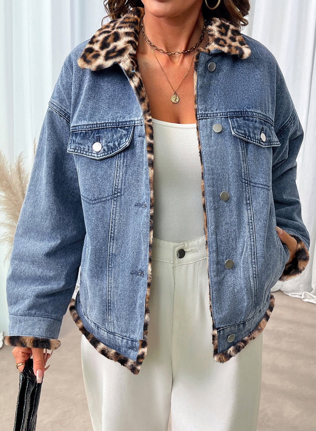 Dokotoo Womens Leopard Sherpa Fleece Thick Warm Oversized Jean Jacket