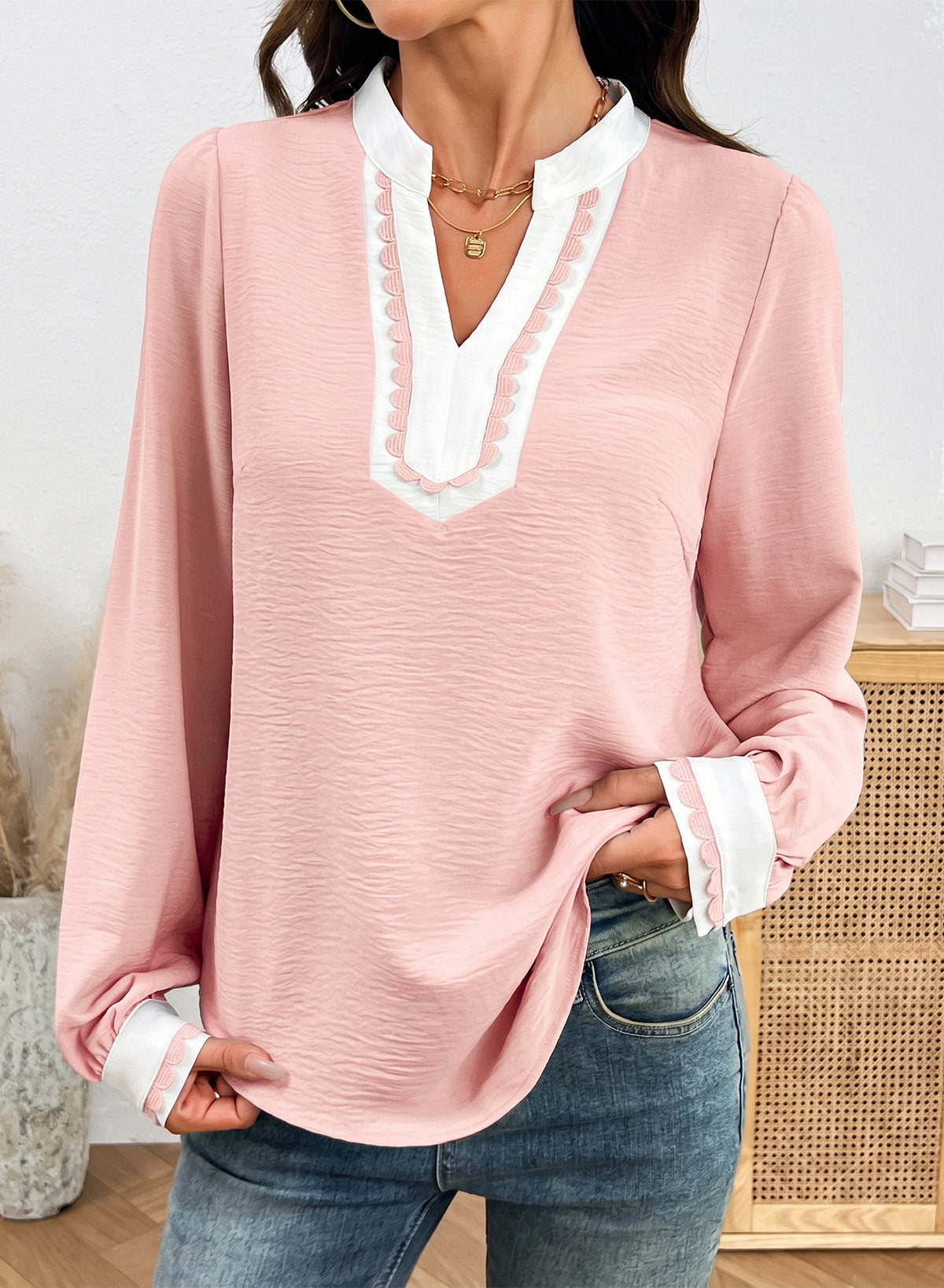 Dokotoo Womens Tops V Neck Long Sleeve Shirts Boho Trim Casual Blouses