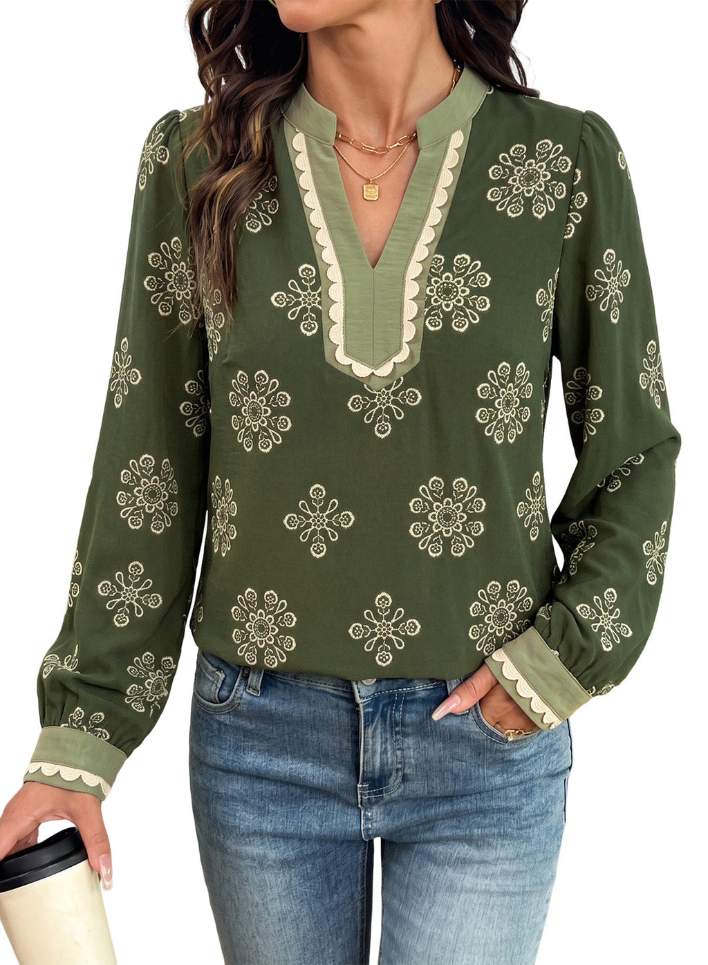 Dokotoo Womens Tops V Neck Long Sleeve Shirts Boho Trim Casual Blouses